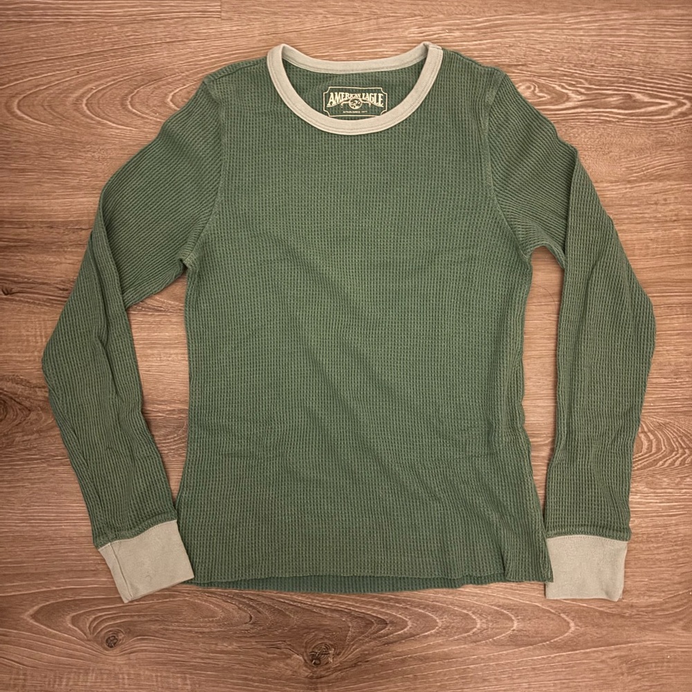 Vintage American Eagle Long Sleeve Green Sage Thermal Top Fitted Y2K